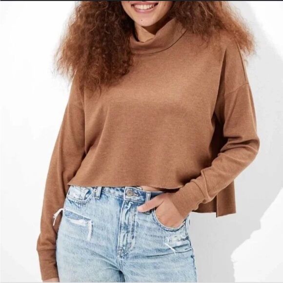 American Eagle Outfitters Size Small Mock Turtleneck Brown Waffle Sweater Top - Picture 1 of 5